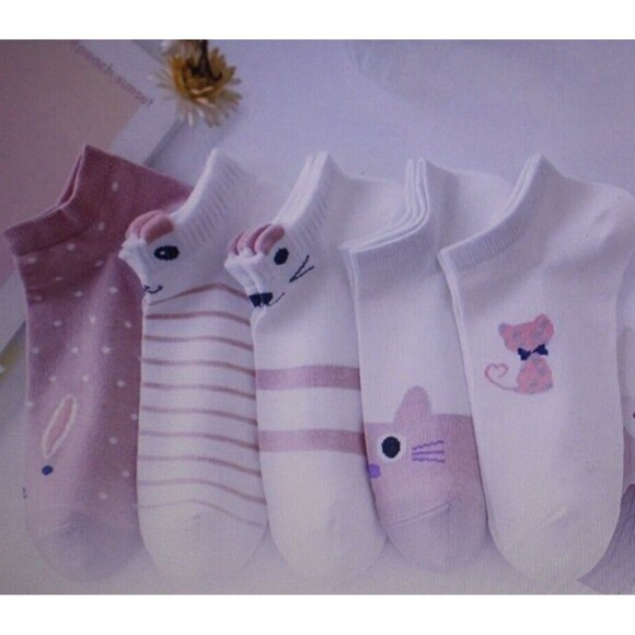 5 Pairs Cartoon Cat Print Socks Women’s Low Cut Ankle Kitty Pink White Girls NIP - Picture 4 of 8